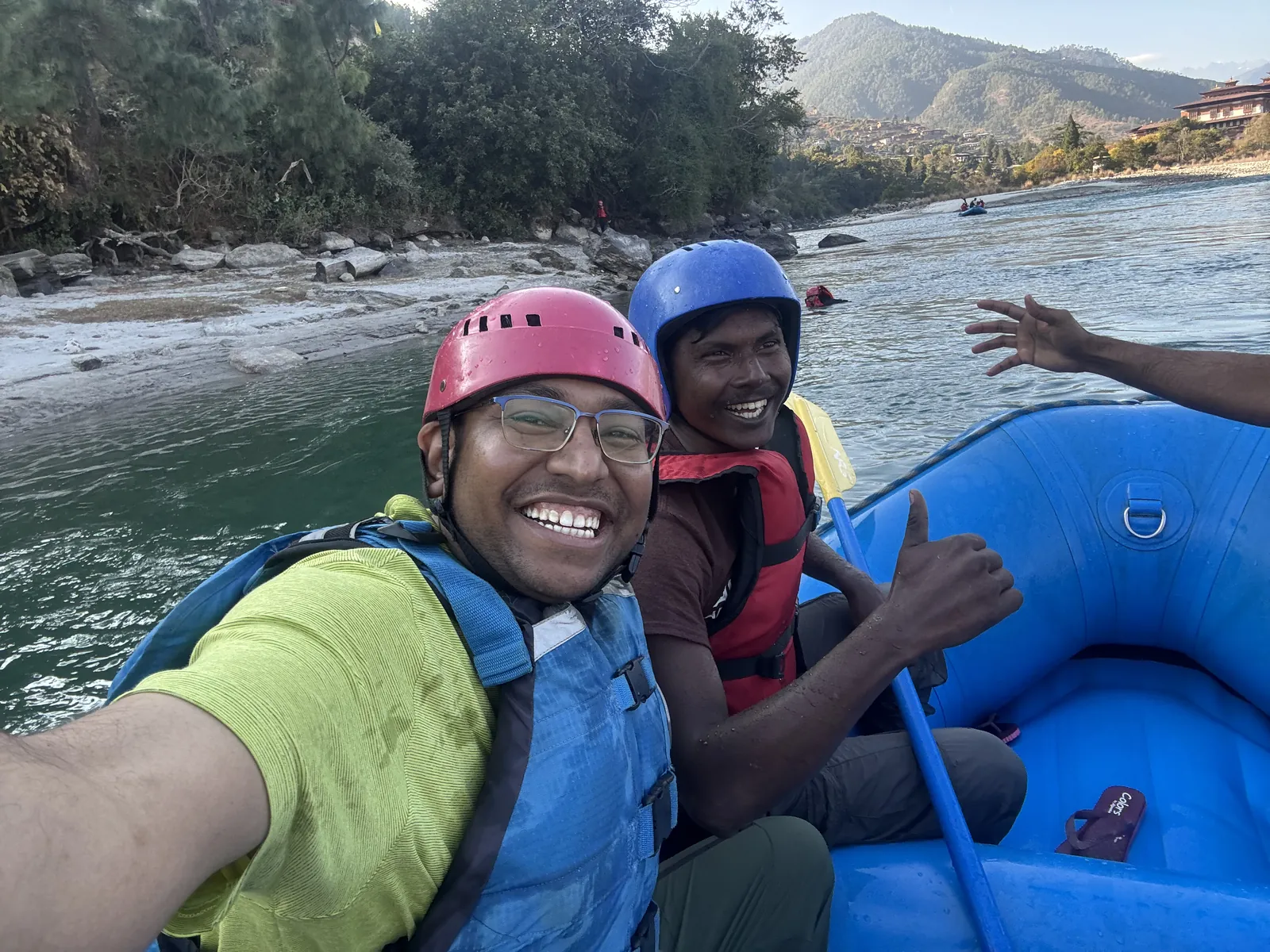 Water friends rafting trip on the Bhutan group trip with One in the Orange Jacket.