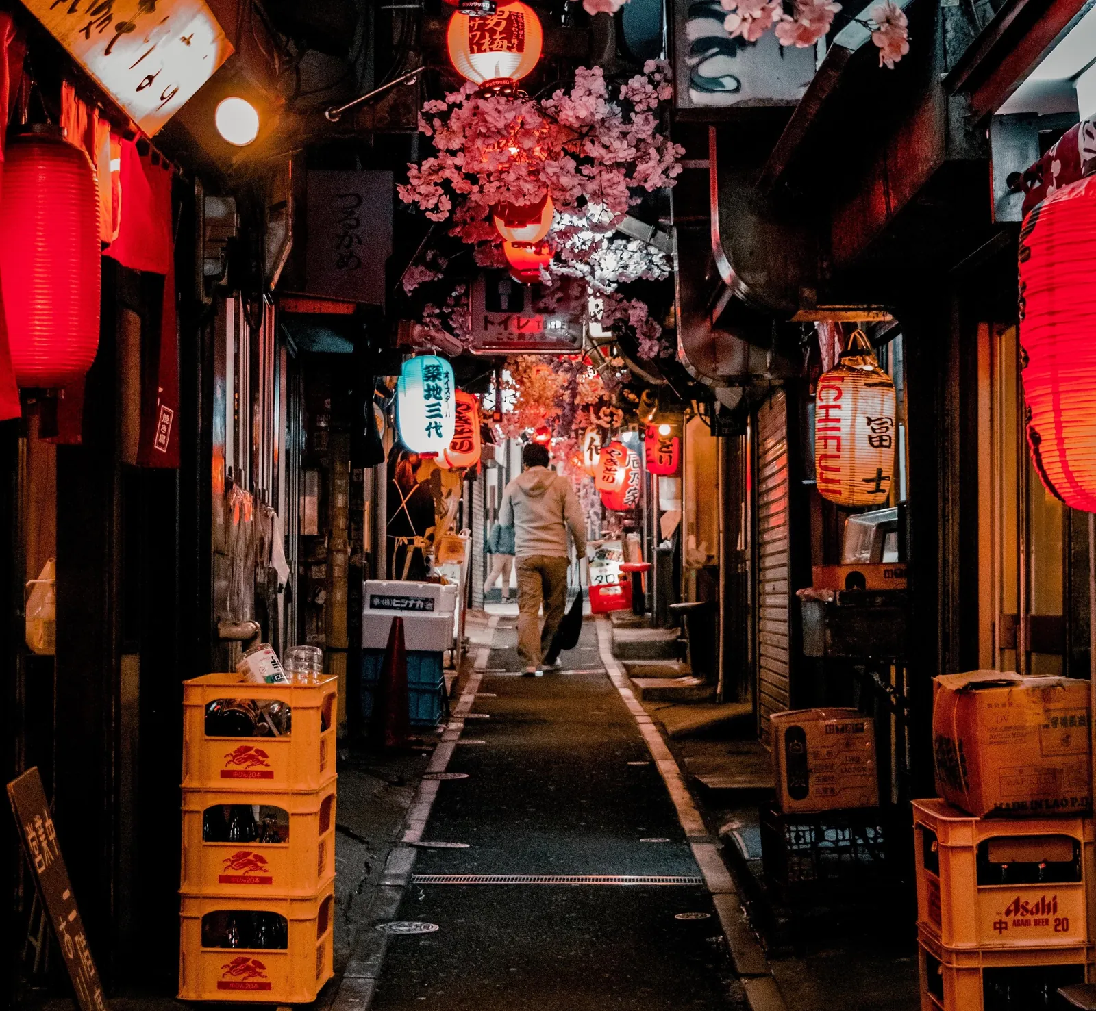 Urban night market lanterns on the Japan group trip with One in the Orange Jacket.