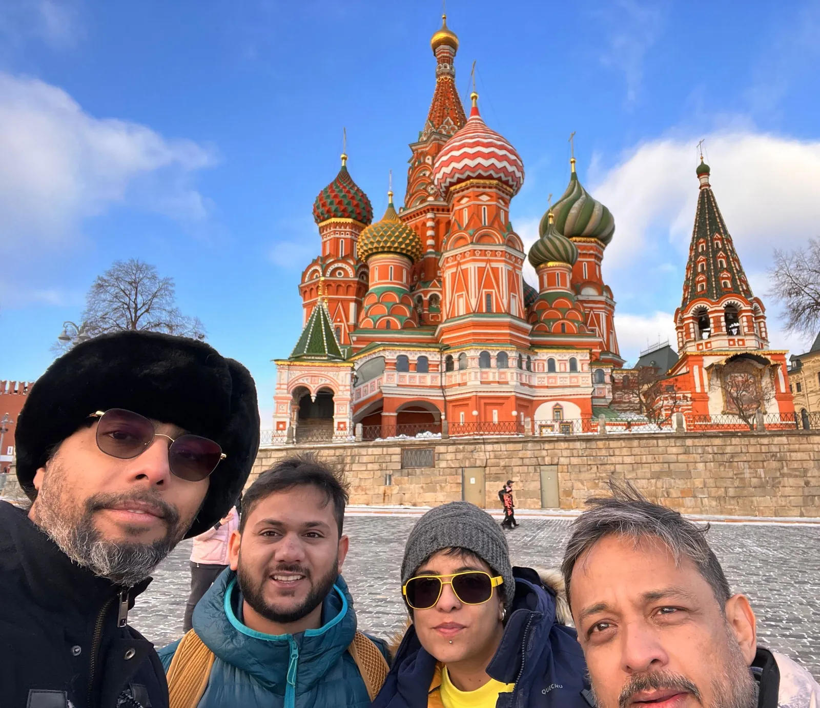 Urban selfie famous landmark on the Russia group trip with One in the Orange Jacket.