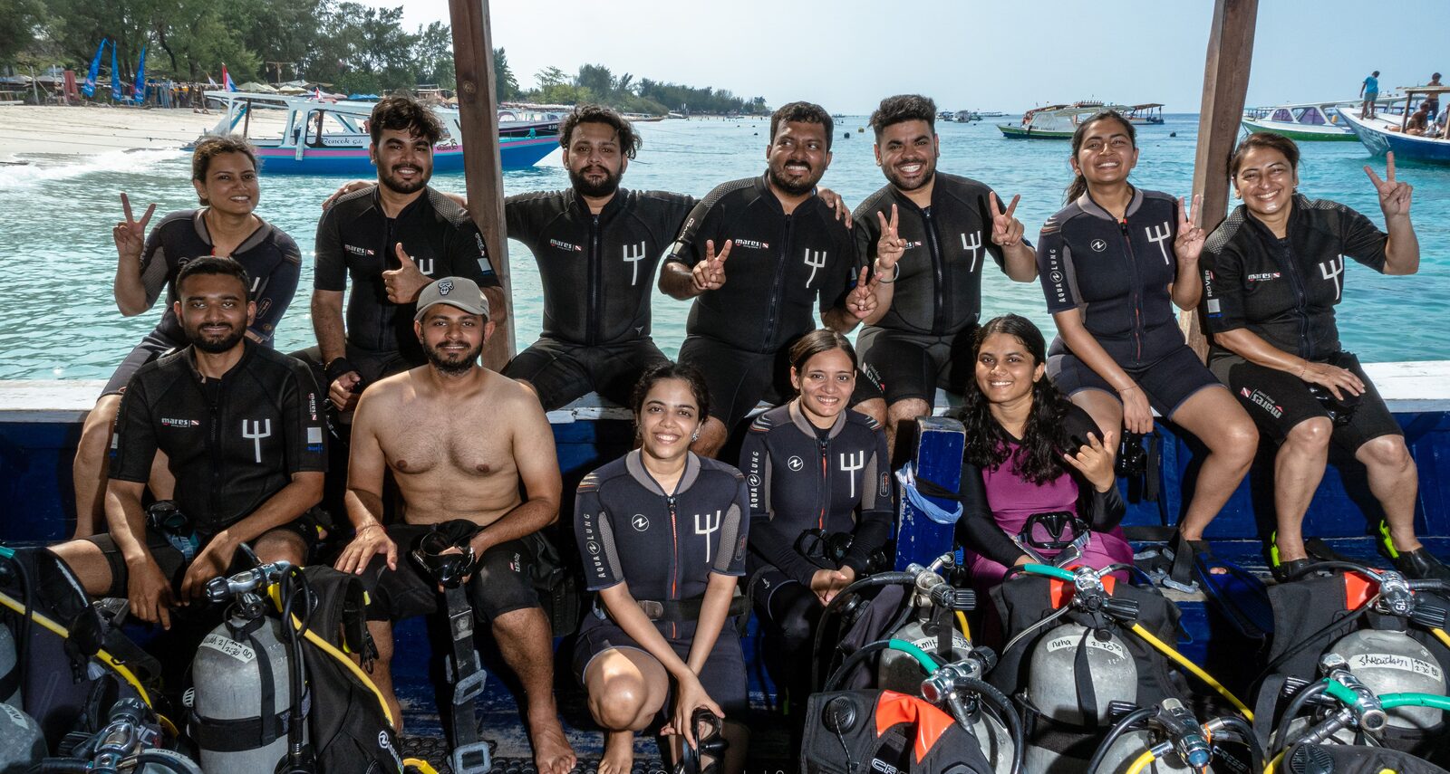 OJ dive group with full scuba gear at Gili T