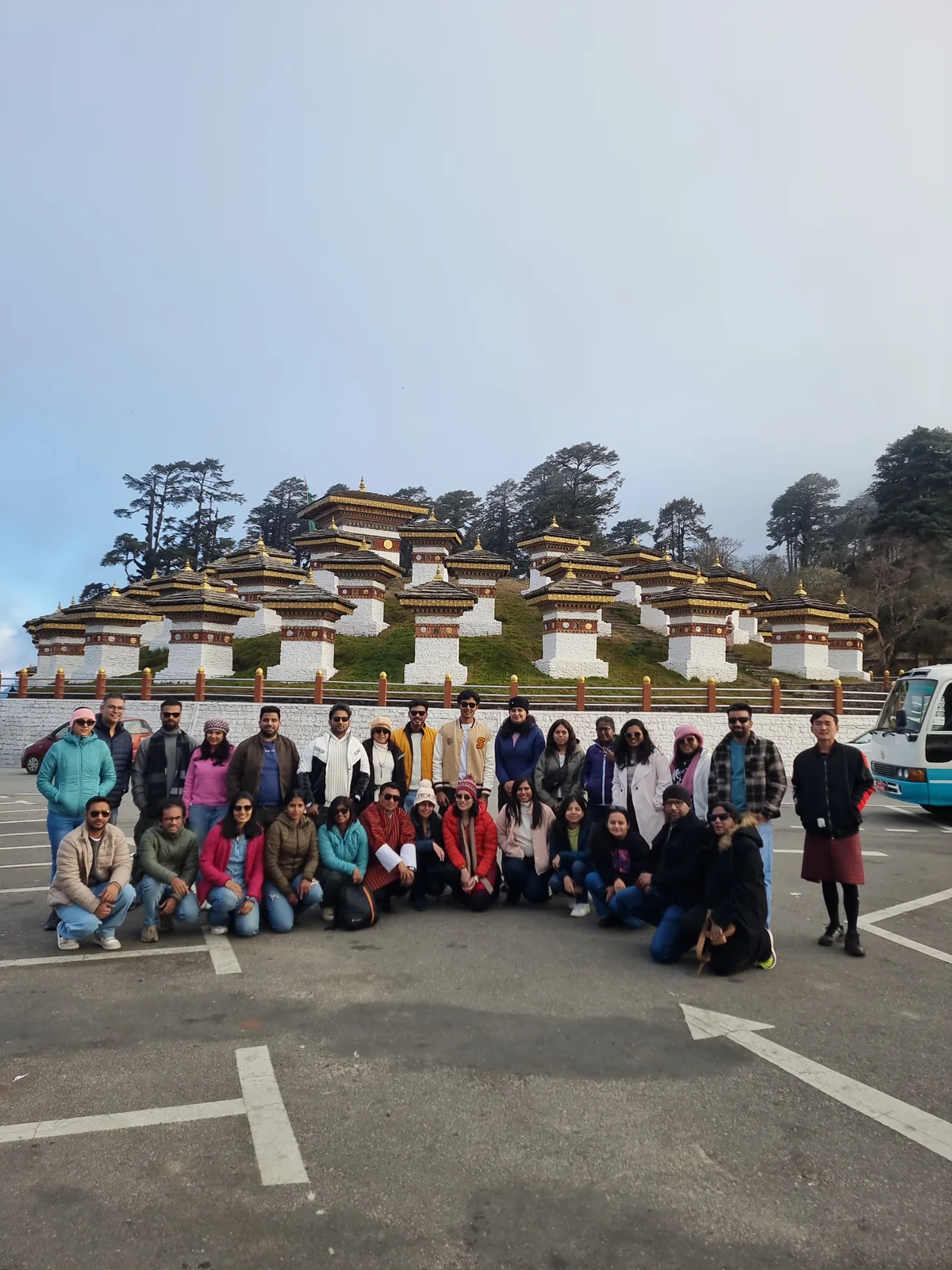 Whole OJ group posing at the 108 chortens of Dochula Pass