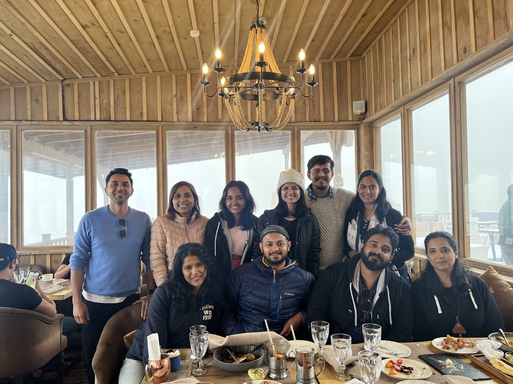 Welcome dinner, the whole crew at one long table