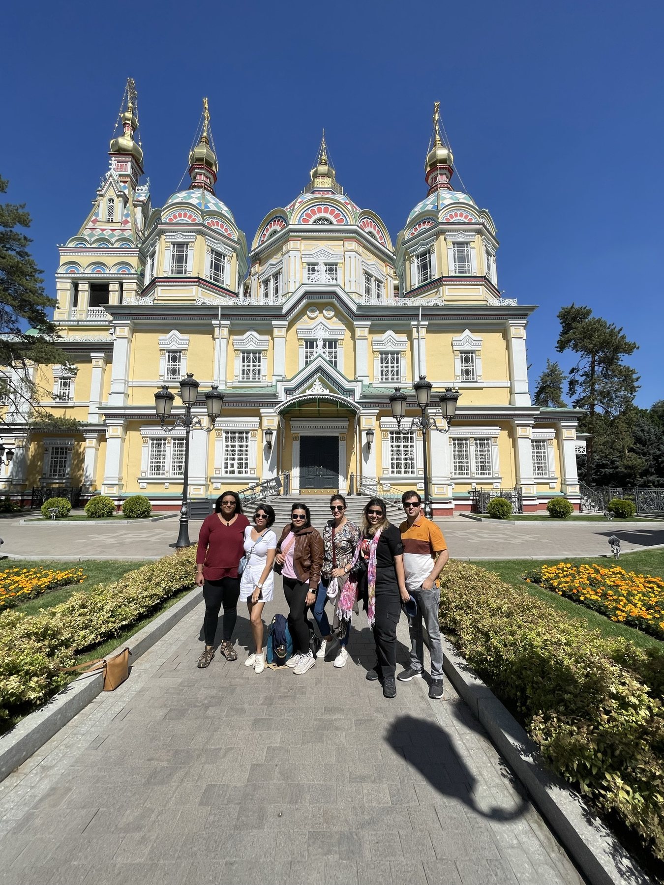 The crew outside Zenkov Cathedral in Almaty