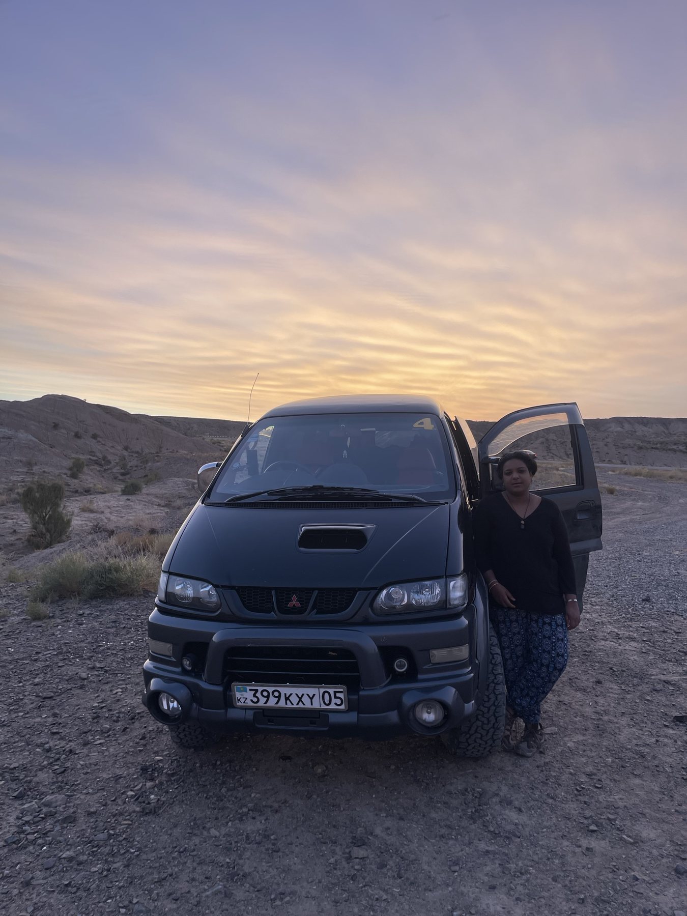 Our van at dusk on the long road back