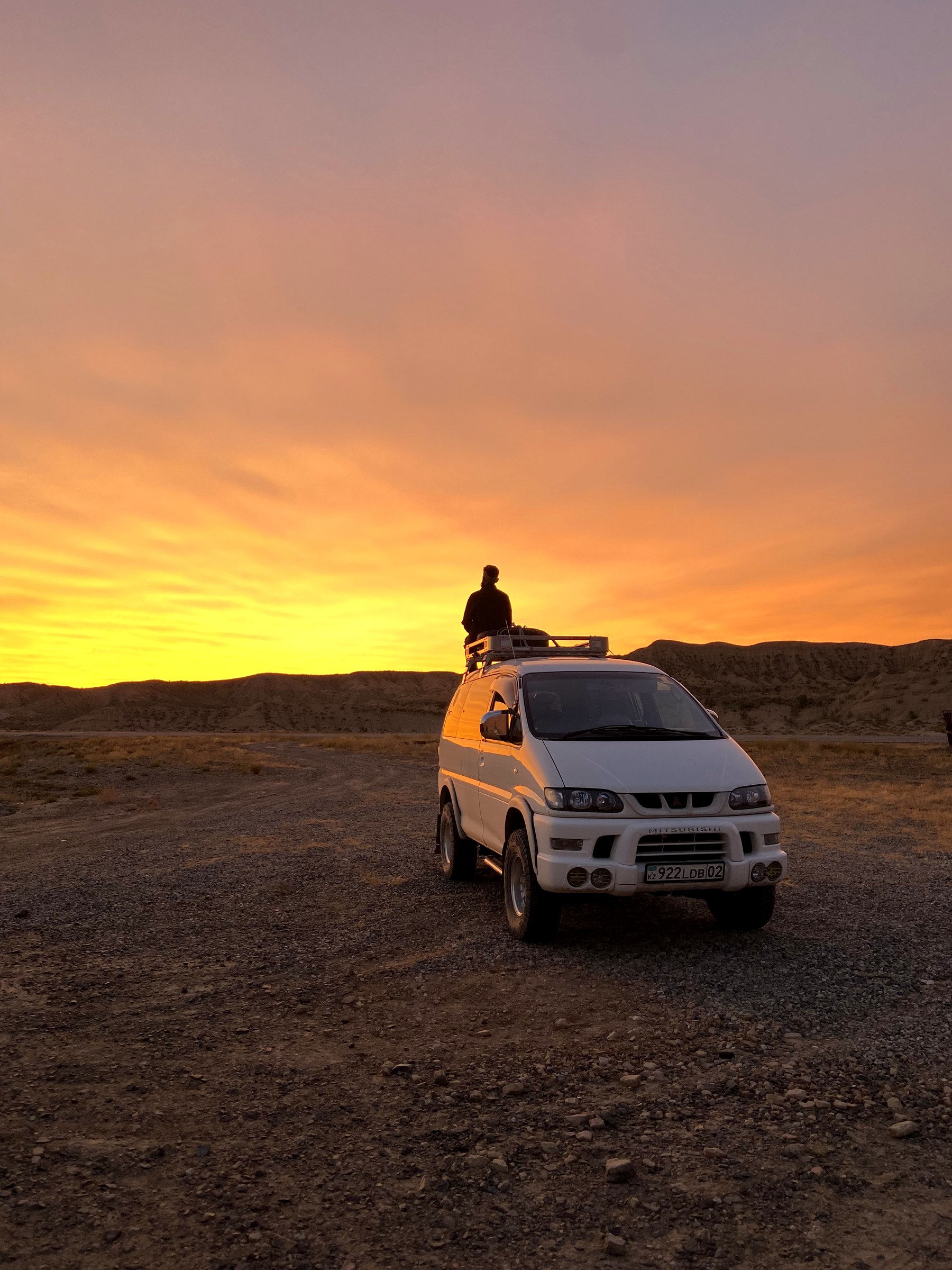 Backcountry camp at sunset in eastern Kazakhstan