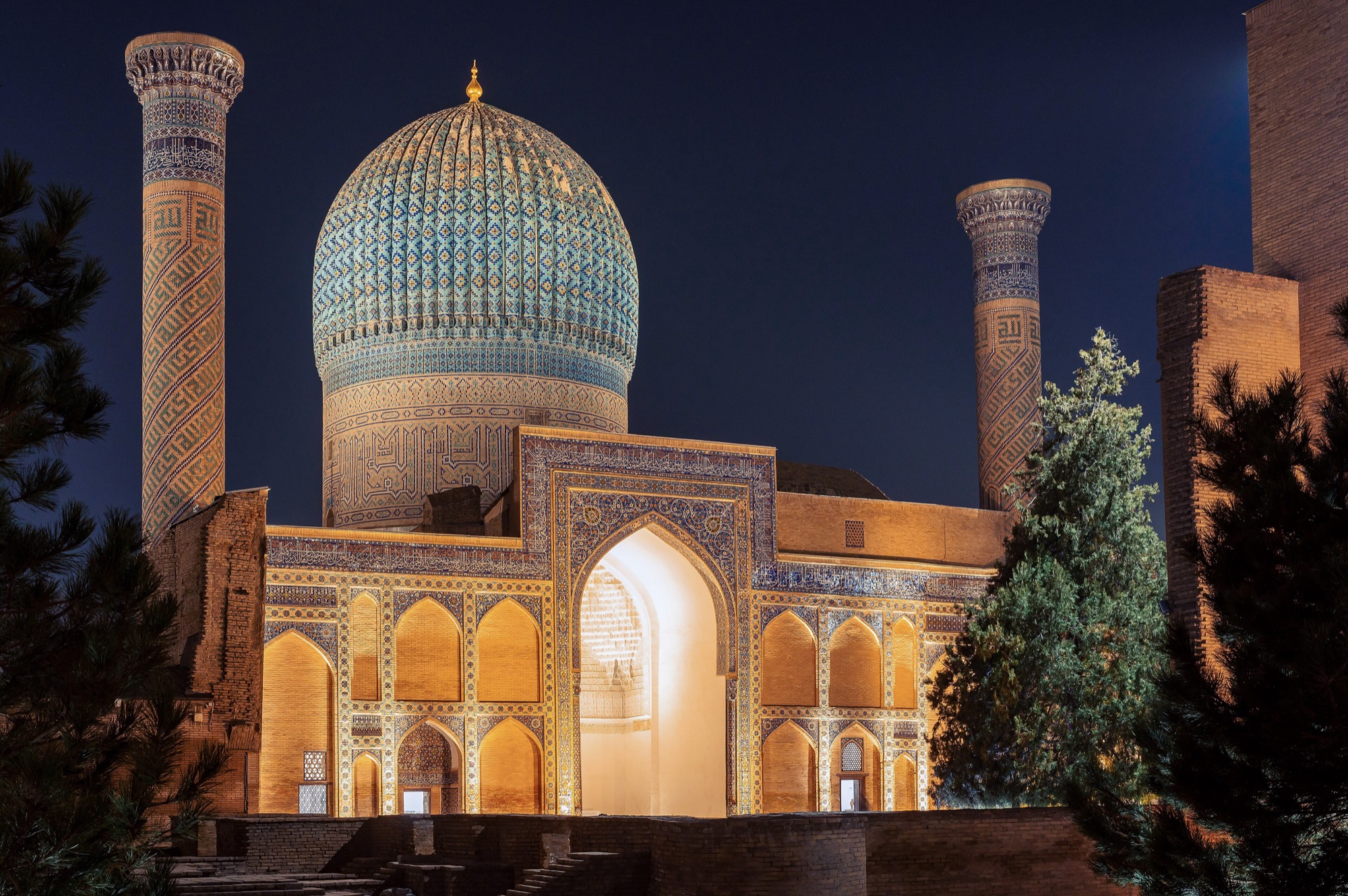 Gur-e-Amir, the tomb of Timur, lit at night in Samarkand