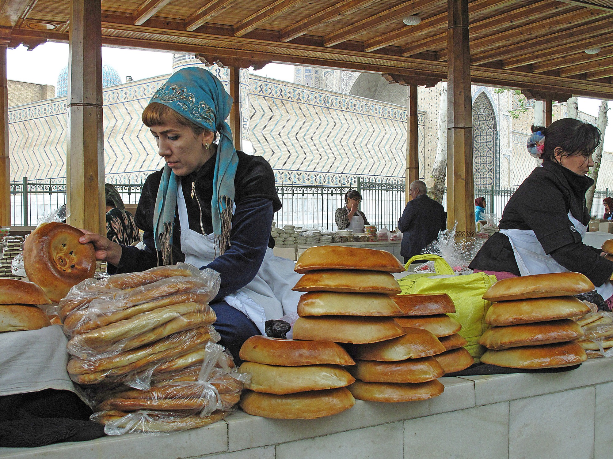 Stamped Samarkand bread stacked at Siab Bazaar