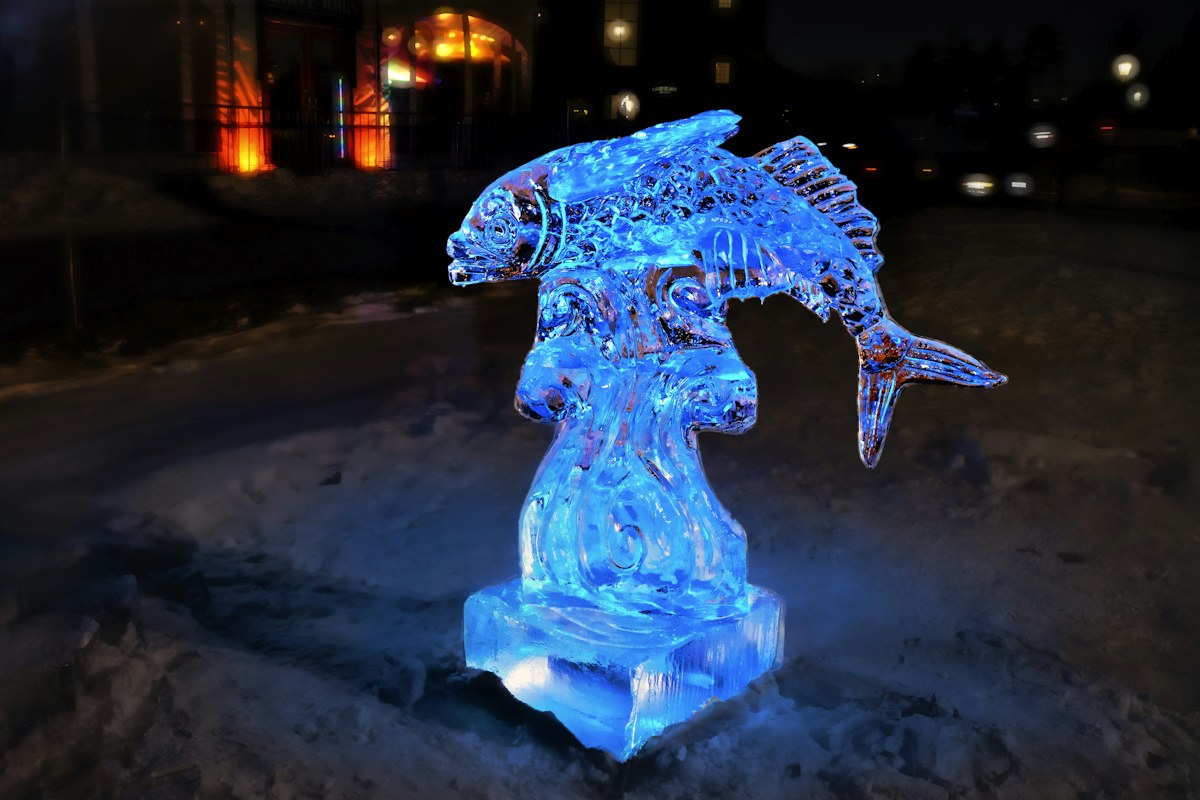 Ice sculpture lit up at night