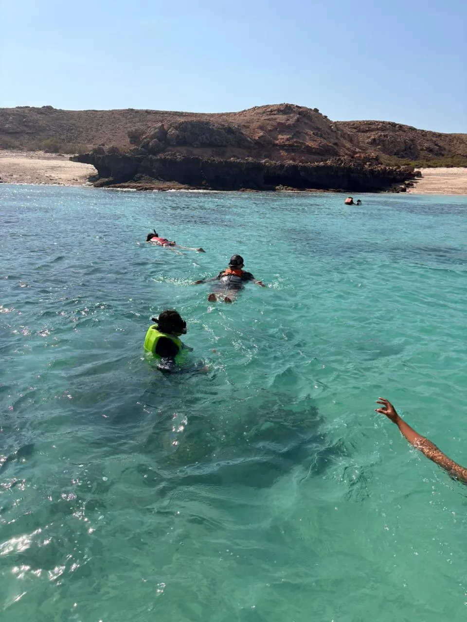 OJ snorkelers in turquoise water off an island beach