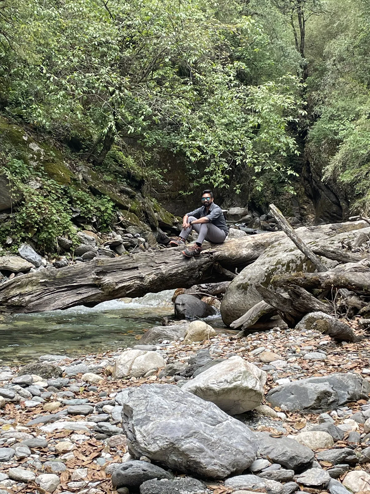 OJ tripper resting on a log by the Neel Ganga stream