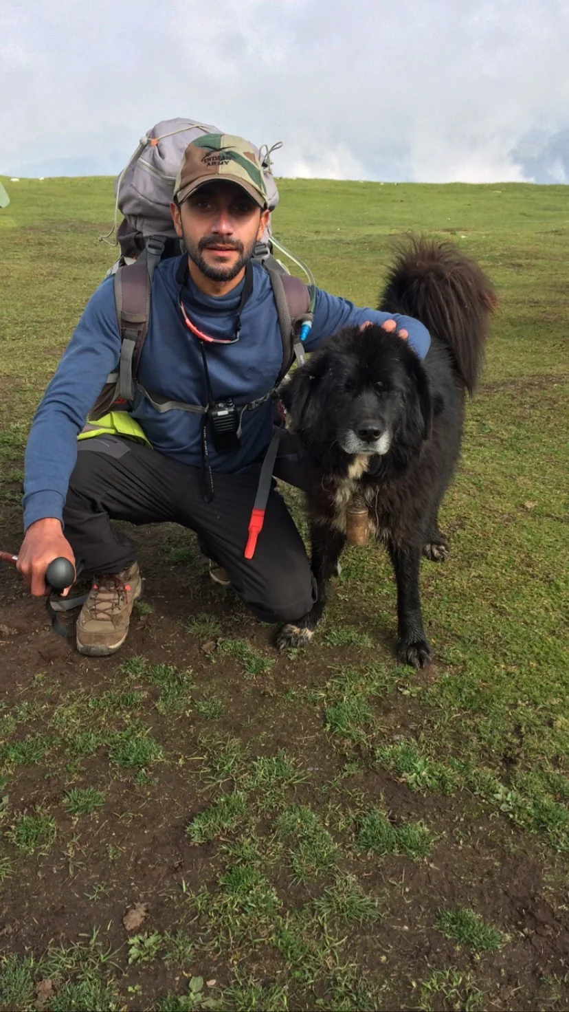 Tripper with a mountain dog on the meadow