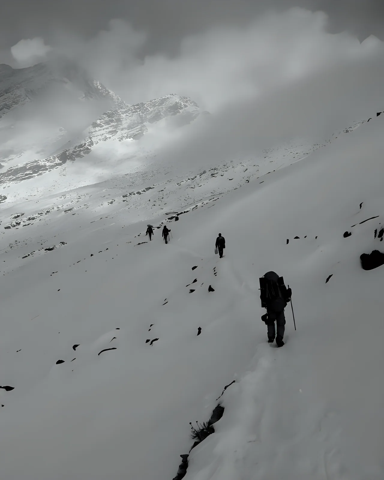 Trekkers in the snow on the way to Roopkund