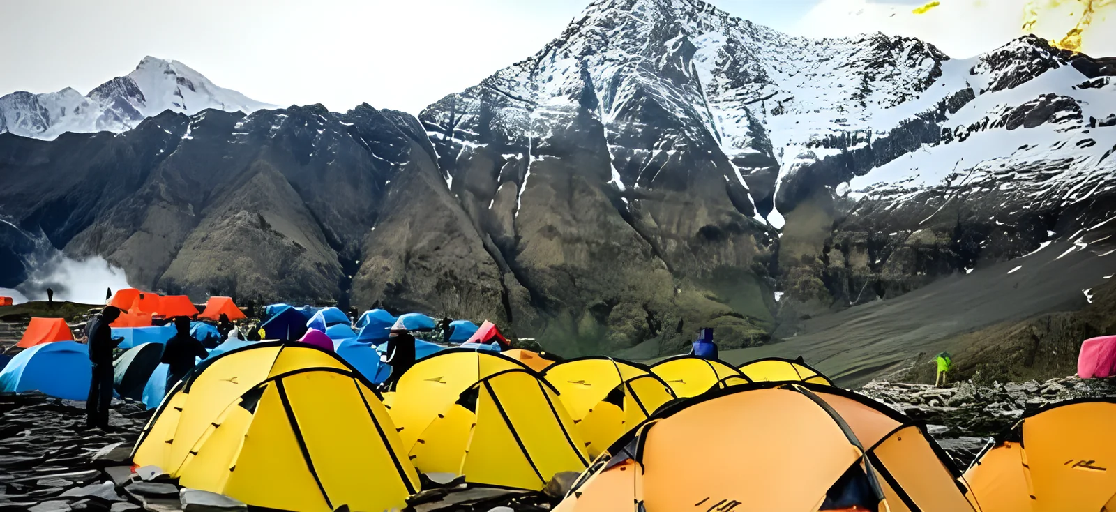 Camp tents below snowy peaks at Bhagwabasa