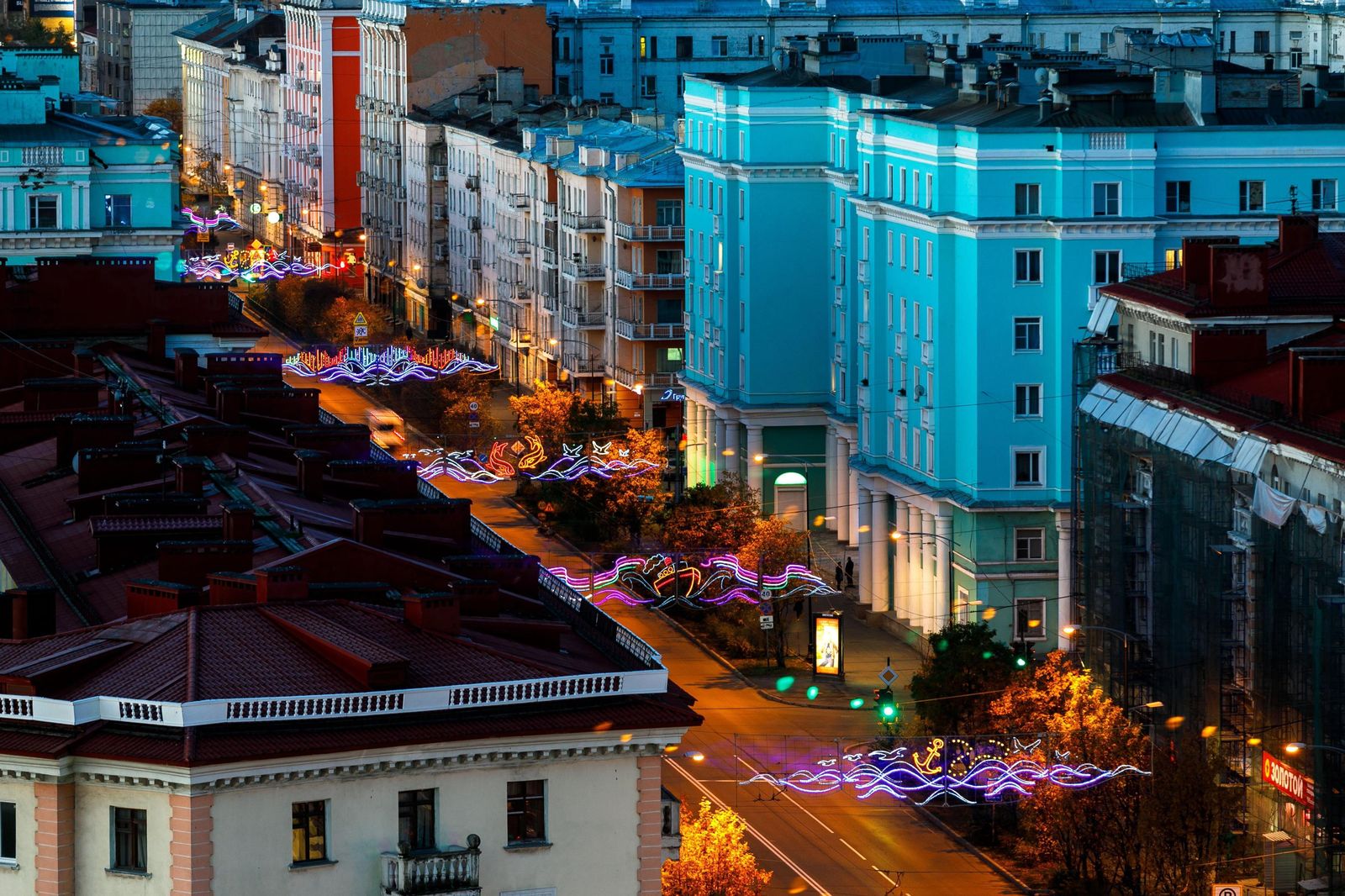 Murmansk city streets lit up at night