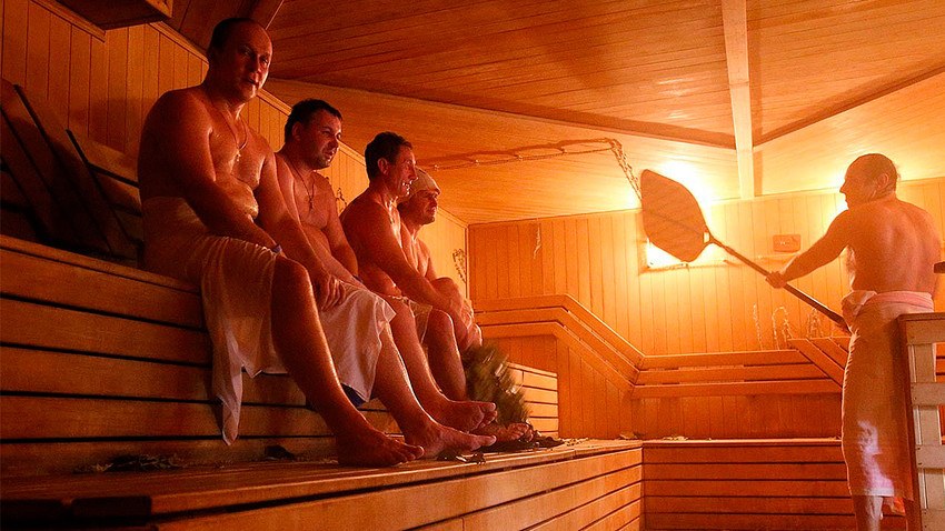 Inside a Russian banya, steam and birch venik