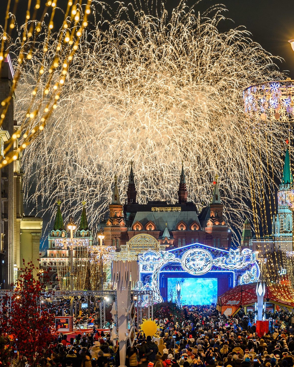 New Year fireworks over the crowds near Red Square, Moscow