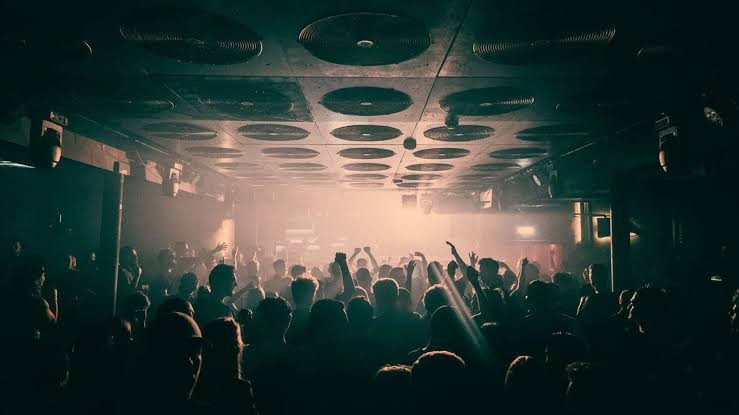 A packed Moscow techno club after the countdown