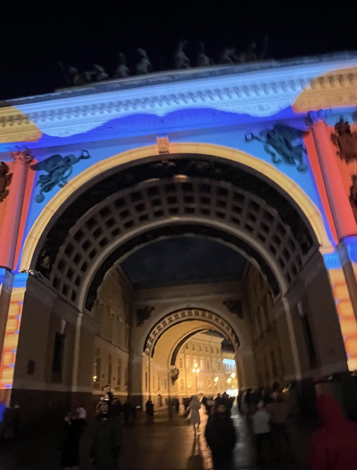 The General Staff arch lit up at night