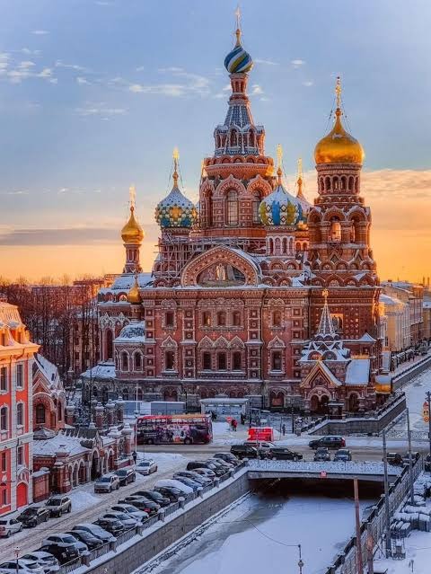 Saviour on Spilled Blood above the frozen Griboyedov Canal at sunset