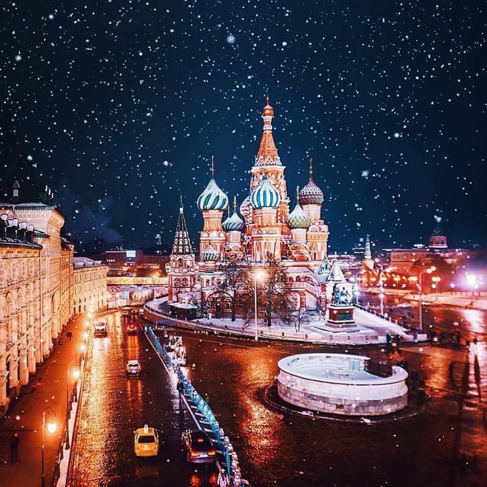 St Basil's Cathedral and Red Square lit up on a snowy night