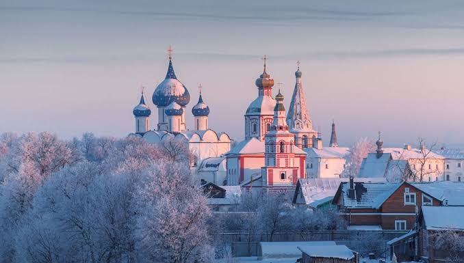 Suzdal's frosted domes at sunset