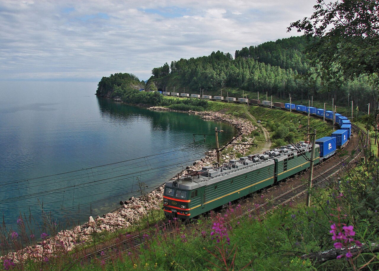 Trans-Siberian train along Lake Baikal coast, Siberia