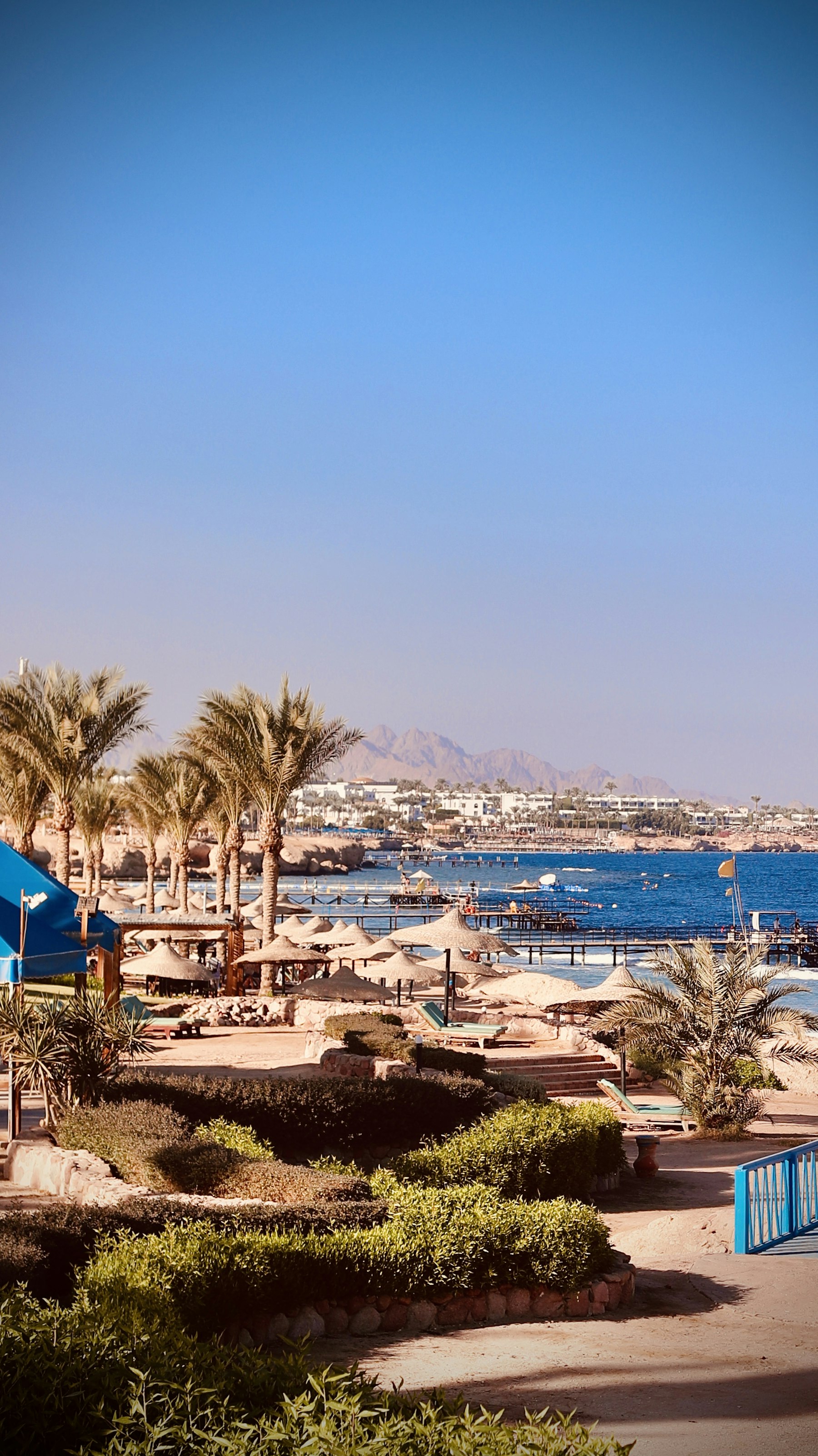 The Naama Bay waterfront in Sharm El Sheikh with the Sinai mountains behind